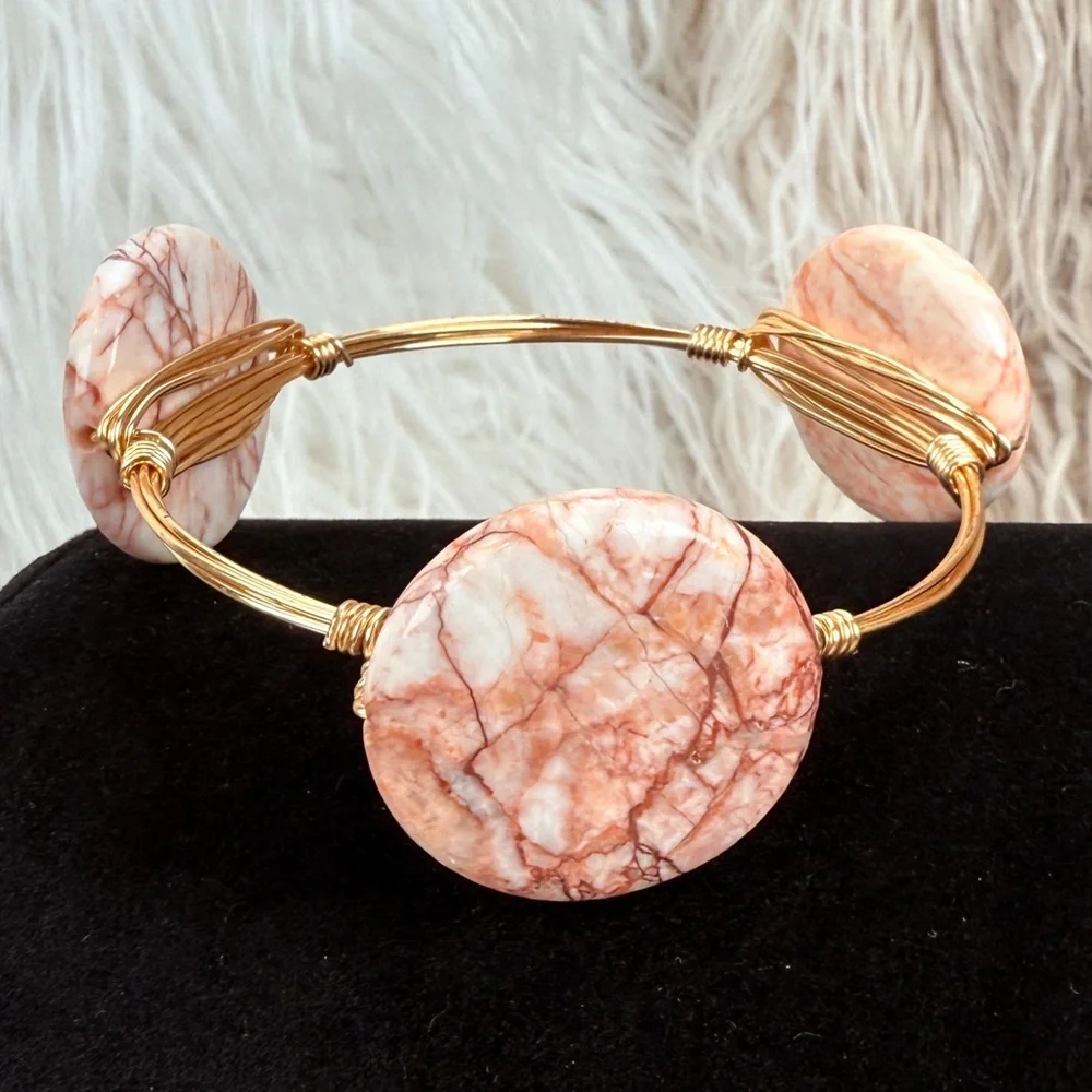 Wired wrapped goldtone, three stone bangle bracelet